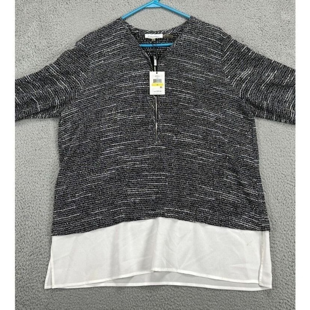 Calvin Klein Sweater Womens Medium Black White Faux Under Half Zip Ladies NEW
